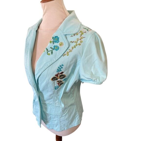 Live A Little Aqua Blue Embroidered Rhinestone Lightweight Jacket Size Medium - Picture 7 of 15